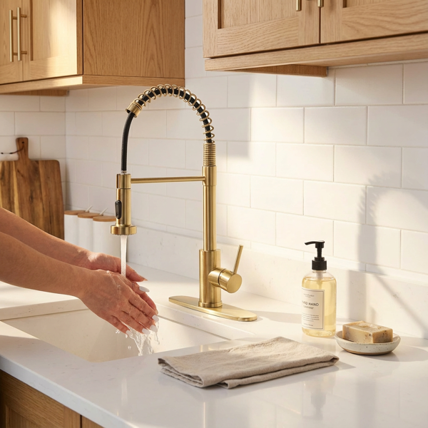 带下拉式喷雾器的厨房水龙头，适用于农舍露营者洗衣设施的1孔或3孔水龙头，Rv湿吧水槽，不锈钢，拉丝金【周末不发货，TK/TEMU订单仅支持自提】-4