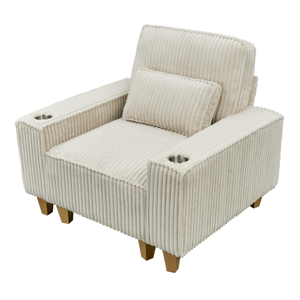 深座灯芯绒扶手椅，配拉丝不锈钢杯架与装饰靠枕，打造客厅温馨点缀椅-1