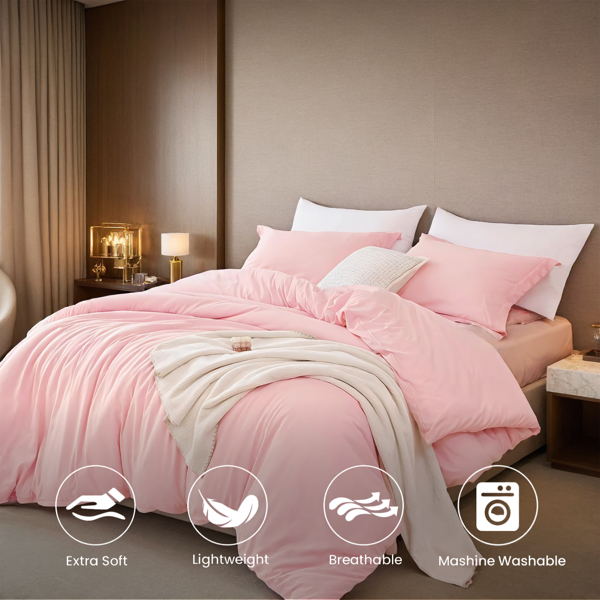 2件装白色粉色三件套套装，纯色被套包含一只被套两只枕套，男生女生单人双人床使用，四季通用，可爱男生女生卧室宿舍酒店款式，圣诞节礼物-5
