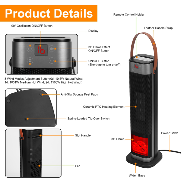 （物流随机发，自提可发加拿大）室内用便携式空间取暖器，适用于大房间，1500W摆动式陶瓷塔式空间取暖器，带3D火焰效果，三档风速调节，59-104℉加热范围，遥控功能，12小时定时器，过热倾倒保护，适用于卧室与办公室-12