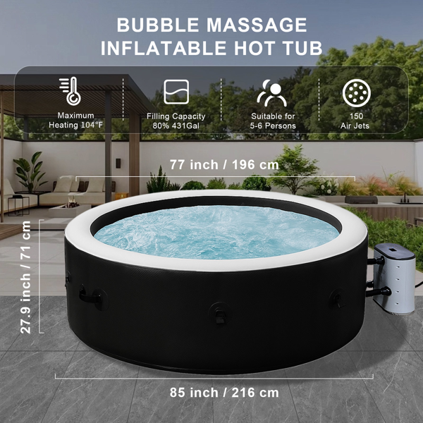 可容纳 5 至 6 人的大型热水浴缸，便携式户外水疗中心，配有 150 个喷气孔和 1 个热盖按摩热水浴缸，适用于露台花园和户外-3