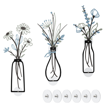 3 件金属花朵墙壁艺术 - 乡村农舍装饰简约花朵墙壁装饰，适合客厅浴室厨房卧室餐厅 - 乔迁礼物，免钻孔，灰色