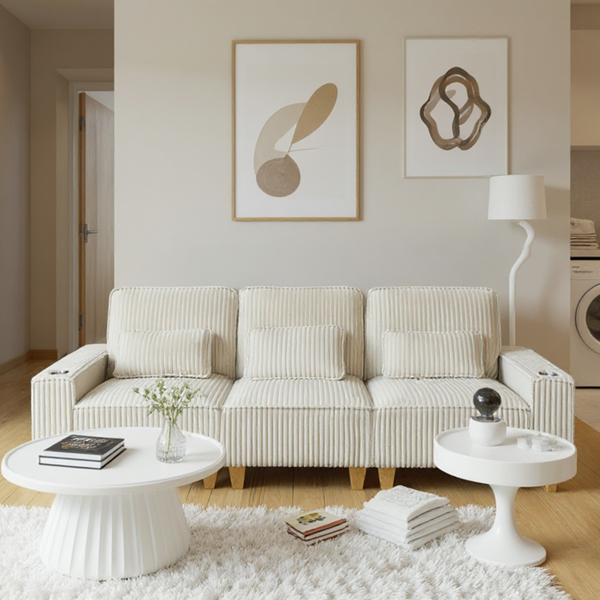 深座三人座灯芯绒沙发，配拉丝不锈钢杯架及3个装饰靠枕，现代舒适客厅沙发-2