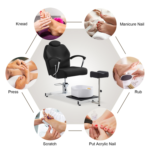 足部护理站座椅（含脚踏板及足浴盆），360度旋转可躺式足部护理椅，配备液压升降高度调节及头枕功能 - 黑色款-7