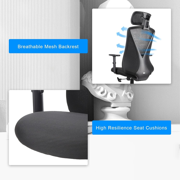 符合人体工学的办公椅，配有可调节头枕和扶手，网布旋转办公椅，带储物功能，适用于工作和游戏。-6