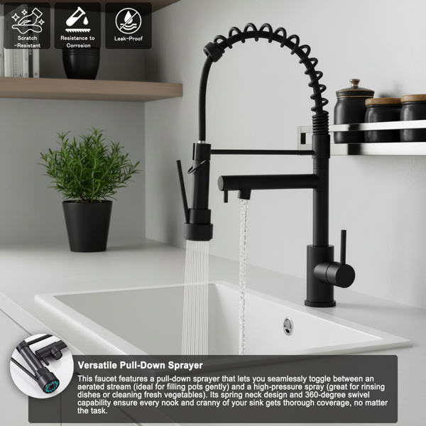 带下拉式喷雾器的厨房水龙头，单把手2功能不锈钢弹簧颈，单孔安装，适用于住宅、商业、房车、酒吧等，哑光黑色【周末不发货，TK/TEMU订单仅支持自提】-10