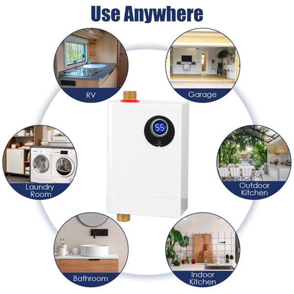 （物流随机发，自提可发加拿大）3000W无罐式热水器 - 带液晶显示屏的即热式热水器（82.4-131°F/°C切换），IPX4防水等级，防漏水/过温/干烧保护，配备G1/2"黄铜接头，适用于洗手/洗碗/美发沙龙/水槽下方安装-5