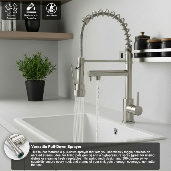 带下拉式喷雾器的厨房水龙头，单把手2功能不锈钢弹簧颈，单孔安装，适用于住宅、商业、房车、酒吧等，刷镍【周末不发货，TK/TEMU订单仅支持自提】-10