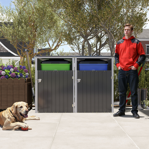 垃圾桶棚，可存放 2 个垃圾桶，金属户外垃圾桶棚，54 立方英尺空间，不锈钢镀锌钢材质，适用于花园、庭院、草坪，灰色-13