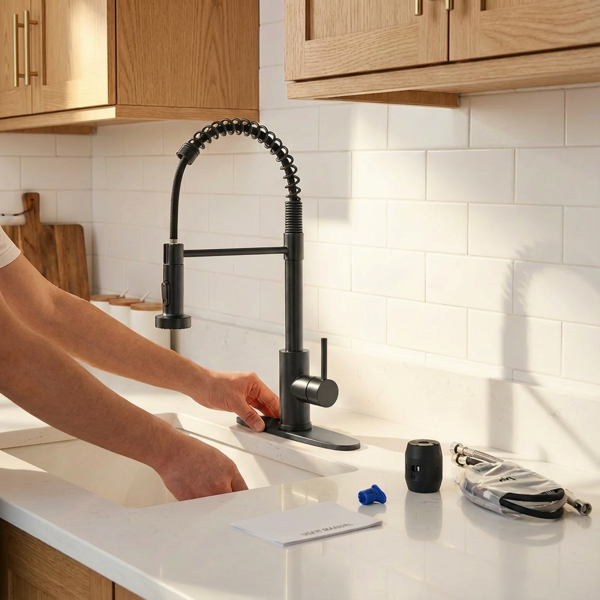带下拉式喷雾器的厨房水龙头，适用于农舍露营者洗衣设施的1孔或3孔水龙头，Rv湿吧水槽，不锈钢，哑光黑色【周末不发货，TK/TEMU订单仅支持自提】-7