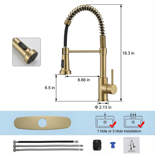 带下拉式喷雾器的厨房水龙头，适用于农舍露营者洗衣设施的1孔或3孔水龙头，Rv湿吧水槽，不锈钢，拉丝金【周末不发货，TK/TEMU订单仅支持自提】-3