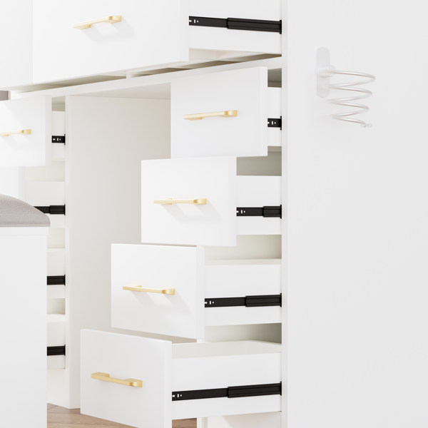 46英寸玻璃台面梳妆台，带10个抽屉、镜子和凳子，3种照明模式，电源插座，静音滑轨，白色大号梳妆台，适用于卧室-8