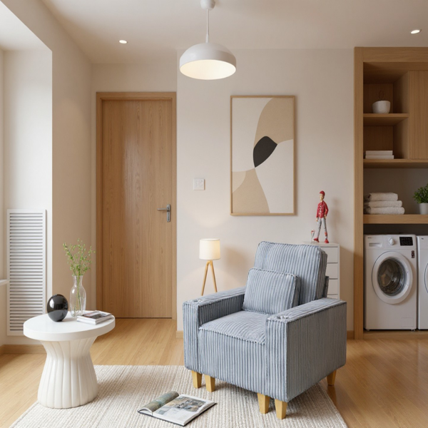 深座灯芯绒扶手椅，配拉丝不锈钢杯架与装饰靠枕，打造客厅温馨点缀椅-3