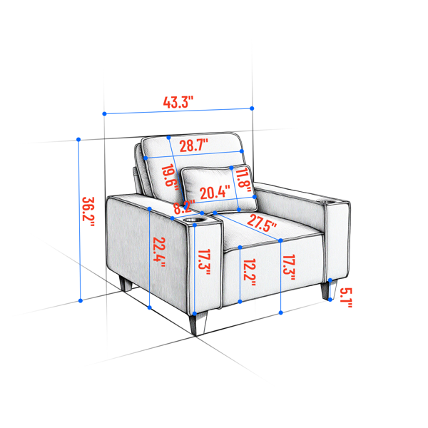 雪尼尔深座单人沙发椅，配拉丝不锈钢杯架与装饰靠枕，现代舒适客厅点缀椅-4