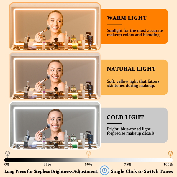 46英寸玻璃台面梳妆台，带10个抽屉、镜子和凳子，3种照明模式，电源插座，静音滑轨，白色大号梳妆台，适用于卧室-5