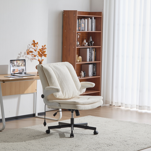 翻转式后背内置动态气囊腰靠十字交叉腿办公椅，宽座办公桌椅带翻转扶手与轮子，现代家用办公室梳妆台米色十字交叉腿椅-2