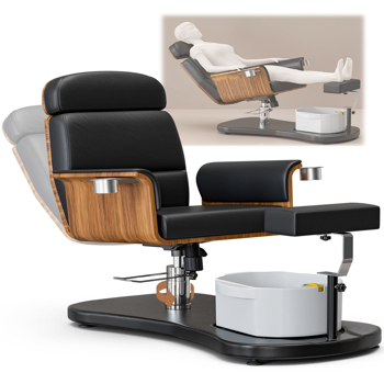 足部护理椅（无需管道安装），符合人体工学的便携式美甲教学站，配备360度旋转可躺式升降足浴椅及足盆，黑色款