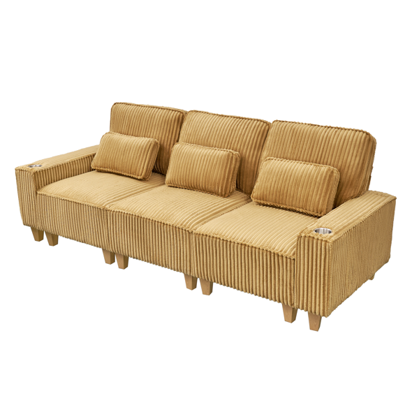 深座三人座灯芯绒沙发，配拉丝不锈钢杯架及3个装饰靠枕，现代舒适客厅沙发-1