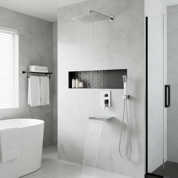 雨水淋浴系统镀铬盆淋浴水龙头套装10英寸方形雨水淋浴头，带手持喷雾器和瀑布盆喷嘴压力平衡粗糙的阀门淋浴搅拌器组合【周末不发货，TK/TEMU订单仅支持自提】-5