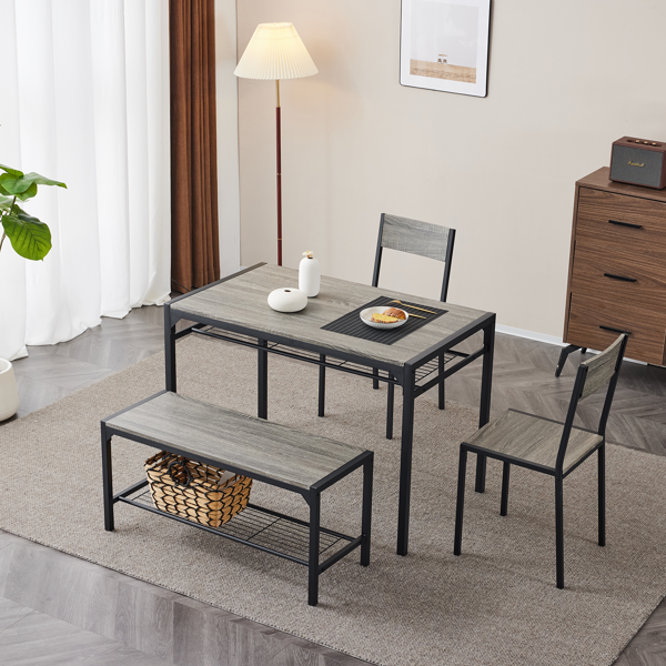 拆装 MDF 黑色铁管 灰色 餐桌椅套装 1桌1长凳2椅 长方形-24
