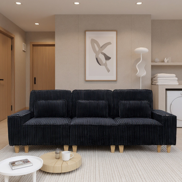 深座三人座灯芯绒沙发，配拉丝不锈钢杯架及3个装饰靠枕，现代舒适客厅沙发-2