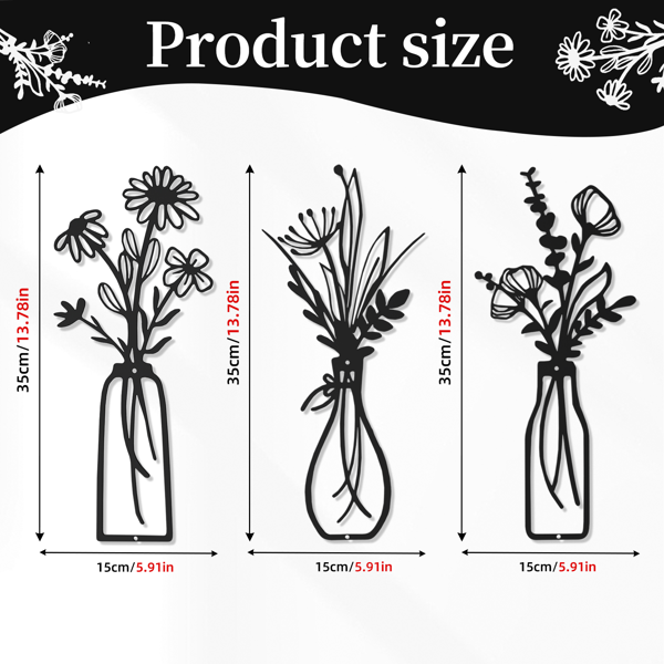 3 件金属花瓶花卉墙壁艺术 - 乡村农舍风格装饰金属墙壁艺术黑色极简花卉自然主题墙壁装饰适合家庭卧室餐厅乔迁之喜（黑色-花瓶）-5