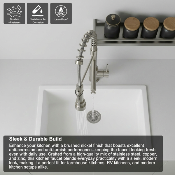 带下拉式喷雾器的厨房水龙头，单把手2功能不锈钢弹簧颈，单孔安装，适用于住宅、商业、房车、酒吧等，刷镍【周末不发货，TK/TEMU订单仅支持自提】-9