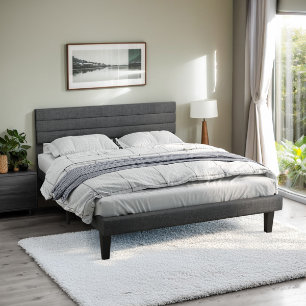 靠背横条纹 深灰色 King 软包床 仿亚麻 UP03LHLGK-1