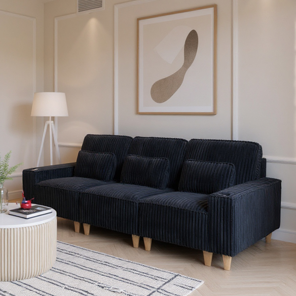 深座三人座灯芯绒沙发，配拉丝不锈钢杯架及3个装饰靠枕，现代舒适客厅沙发-3