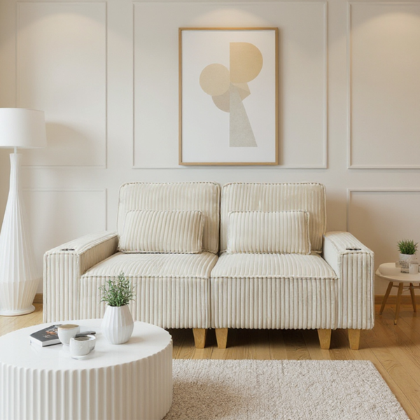 深座灯芯绒双人沙发，配拉丝不锈钢杯架及2个装饰靠枕，舒适客厅双人座沙发-2