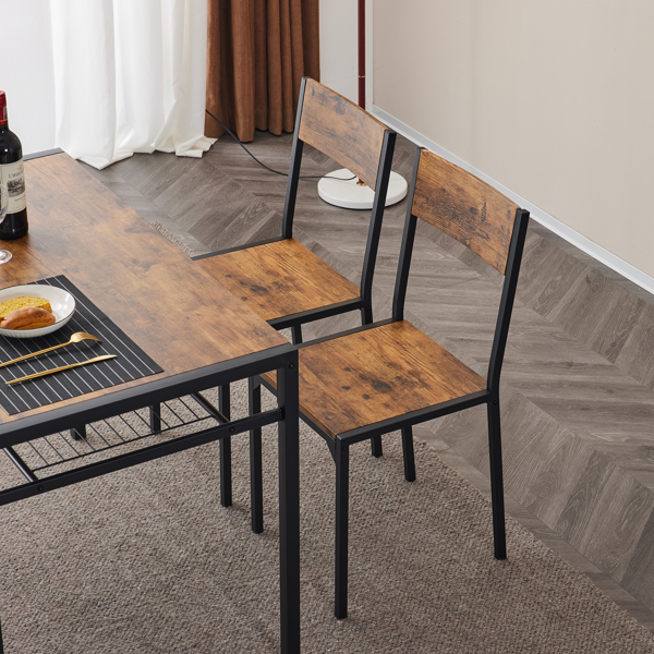 拆装 MDF 黑色铁管 火烧木 餐桌椅套装 1桌1长凳2椅 长方形-16