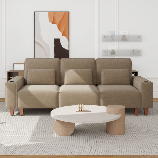 雪尼尔深座三人沙发，配拉丝不锈钢杯架及3个装饰靠枕，现代舒适客厅沙发-2