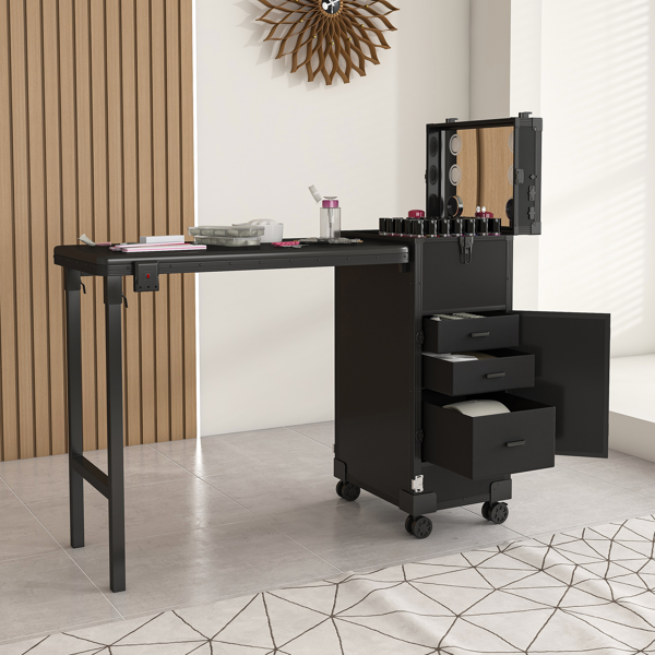 便携式美甲桌，带 LED 镜子、蓝牙、可上锁抽屉、伸缩杆 - 沙龙折叠美甲台（黑色）-2