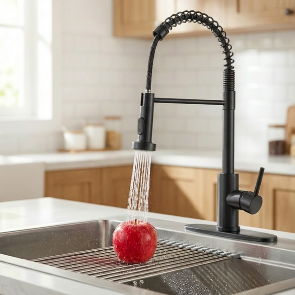 带下拉式喷雾器的厨房水龙头，适用于农舍露营者洗衣设施的1孔或3孔水龙头，Rv湿吧水槽，不锈钢，哑光黑色【周末不发货，TK/TEMU订单仅支持自提】-5