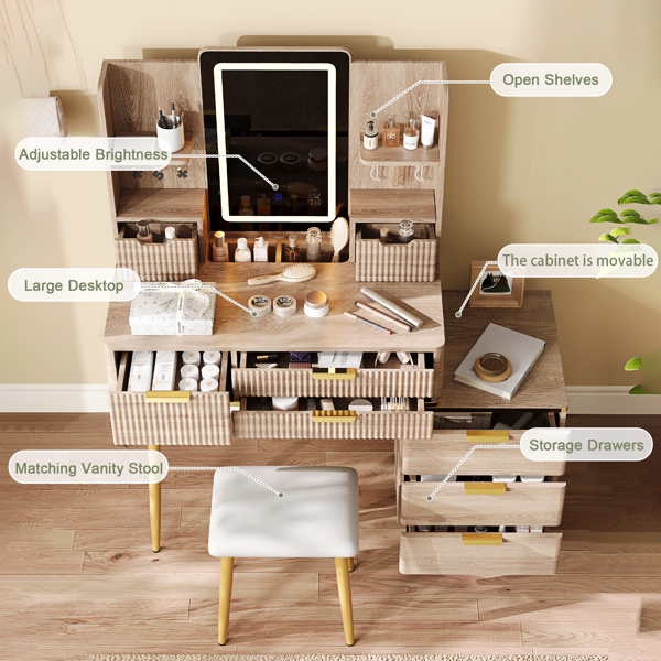 七屉梳妆台，带LED镜和精美雕刻细节；凹槽化妆桌，金属桌腿，PU凳；雕花梳妆台，带珠宝收纳空间，适用于卧室-7