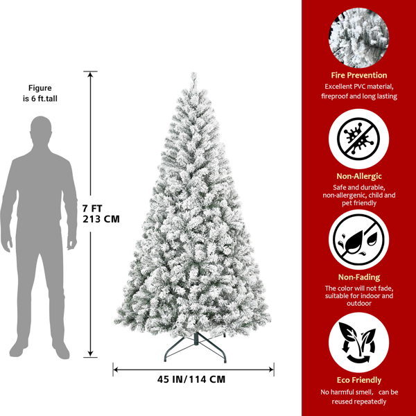 7英尺植绒圣诞树 – 人造雪景圣诞树，1022个树枝，饱满的PVC材质，坚固的金属支架，营造冬日仙境般的家居、办公室或公寓装饰-6