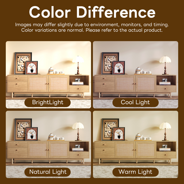 波西米亚风电视柜，适用于 65、75、85 英寸电视，带开放式储物空间和抽屉的娱乐中心，现代木质媒体电视柜，配以真正的藤条-6