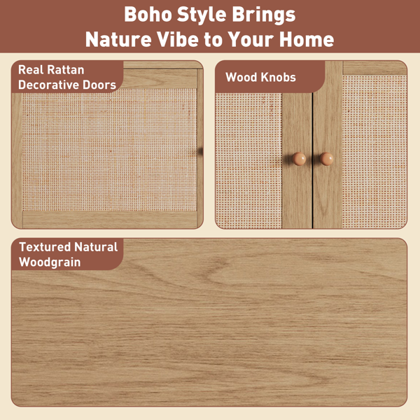 波西米亚风电视柜，适用于 65、75、85 英寸电视，带开放式储物空间和抽屉的娱乐中心，现代木质媒体电视柜，配以真正的藤条-4