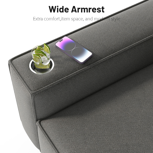 雪尼尔深座三人沙发，配拉丝不锈钢杯架及3个装饰靠枕，现代舒适客厅沙发-5