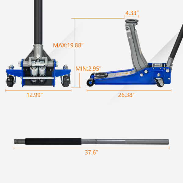 3T重型水平双泵地面千斤顶（无脚踏）,钢制赛车地面千斤顶,双活塞快速提升泵,3吨（6600磅）容量，蓝色&银色-4