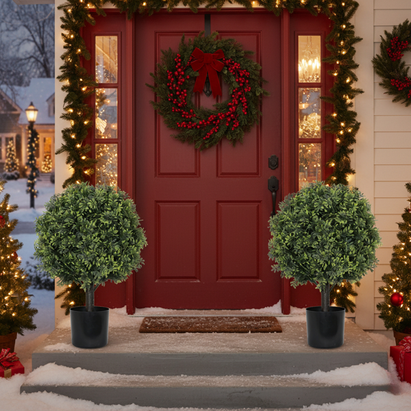 2件套22英寸人造树天然植物黄杨木球人造植物常青盆栽灌木适用于圣诞节、门廊、庭院、入口、室内家居客厅装饰FBA发货-1