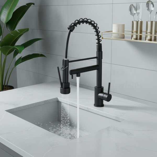 带下拉式喷雾器的厨房水龙头，单把手2功能不锈钢弹簧颈，单孔安装，适用于住宅、商业、房车、酒吧等，哑光黑色【周末不发货，TK/TEMU订单仅支持自提】-7