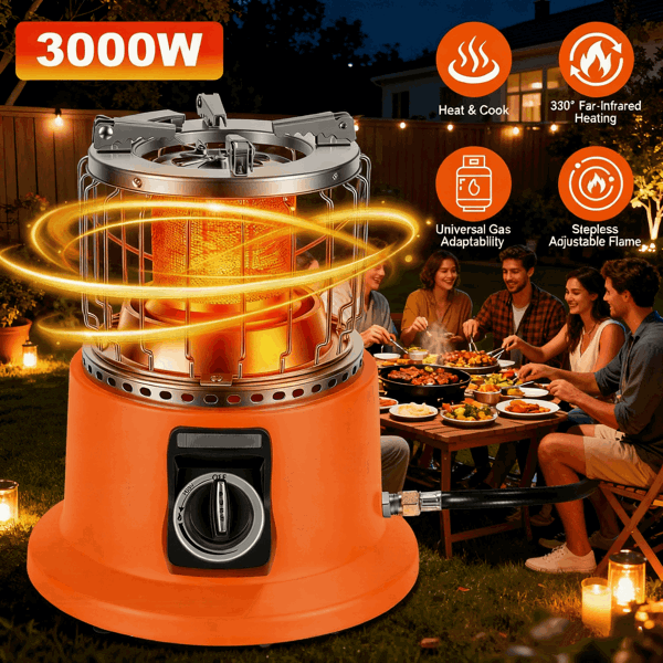 （自提可发加拿大，temu&tk下自提单）3000W 2合1便携丙烷取暖炉及炉灶——360°远红外加热，无级火焰调节，兼容丁烷/异丁烷，完美适用于露营、房车及后院聚会-1
