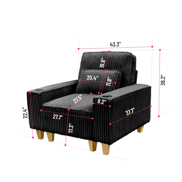 深座灯芯绒扶手椅，配拉丝不锈钢杯架与装饰靠枕，打造客厅温馨点缀椅-3