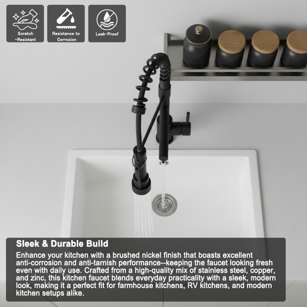 带下拉式喷雾器的厨房水龙头，单把手2功能不锈钢弹簧颈，单孔安装，适用于住宅、商业、房车、酒吧等，哑光黑色【周末不发货，TK/TEMU订单仅支持自提】-9