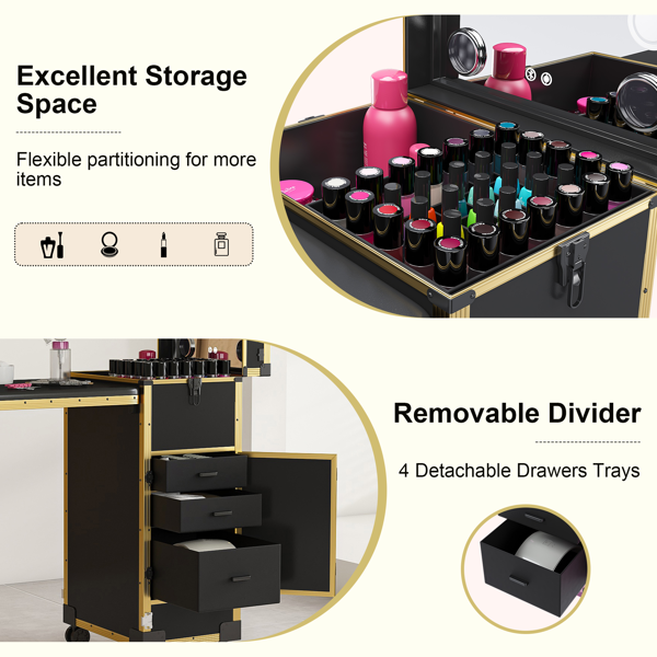 便携式美甲桌，带 LED 镜子、蓝牙、可上锁抽屉、伸缩杆 - 沙龙折叠美甲台（黑金色）-5