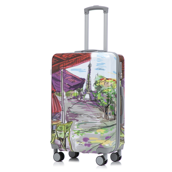 20"/24"/28" 3件套 PC 旋转轮行李箱，登机箱，带印花图案和密码锁（咖啡+铁塔）-14