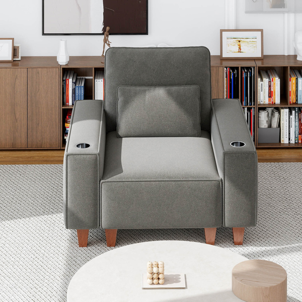 雪尼尔深座单人沙发椅，配拉丝不锈钢杯架与装饰靠枕，现代舒适客厅点缀椅-2