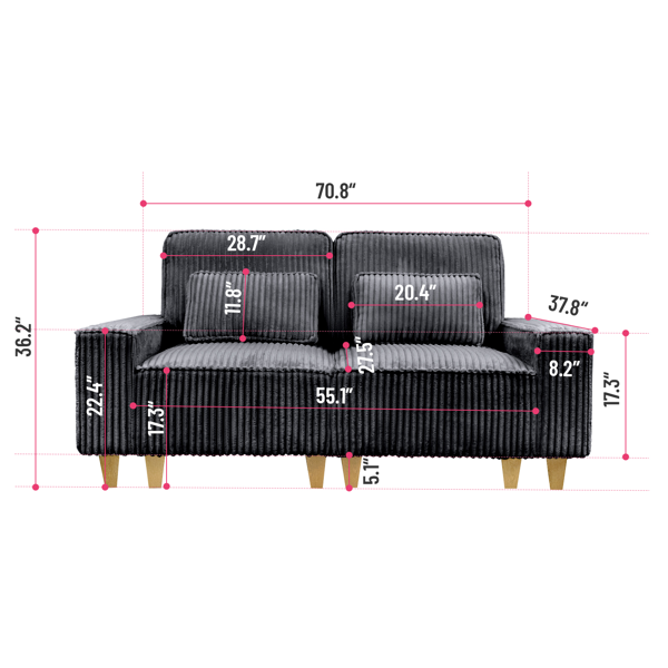 深座灯芯绒双人沙发，配拉丝不锈钢杯架及2个装饰靠枕，舒适客厅双人座沙发-3