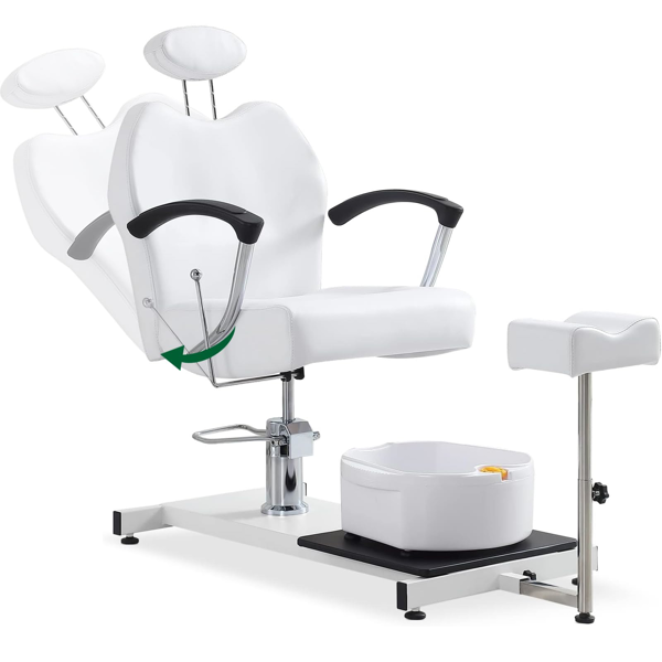 足部护理站座椅（含脚踏板及足浴盆），360度旋转可躺式足部护理椅，配备液压升降高度调节及头枕功能 - 白色款-1